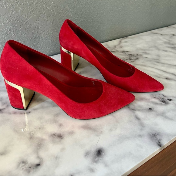 DKNY Elie Red Suede with gold accent heels, size 9. Great for Valentine’s Day! - Picture 1 of 6